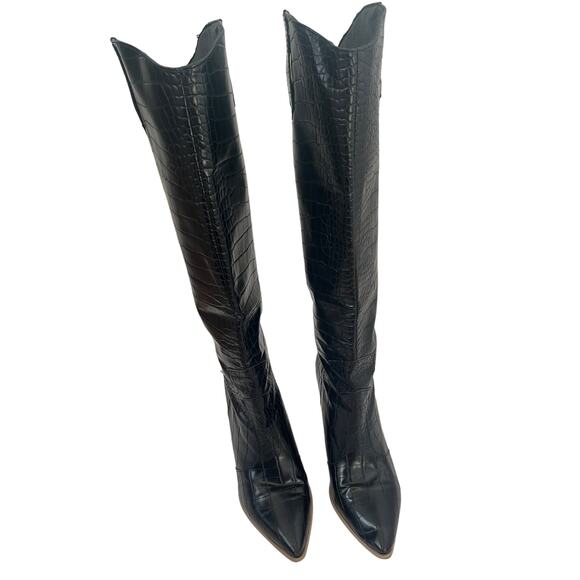 Women's Tall Black Western Croc Embossed Boots with Cutout Block Heel Size 38/8 - Picture 2 of 9